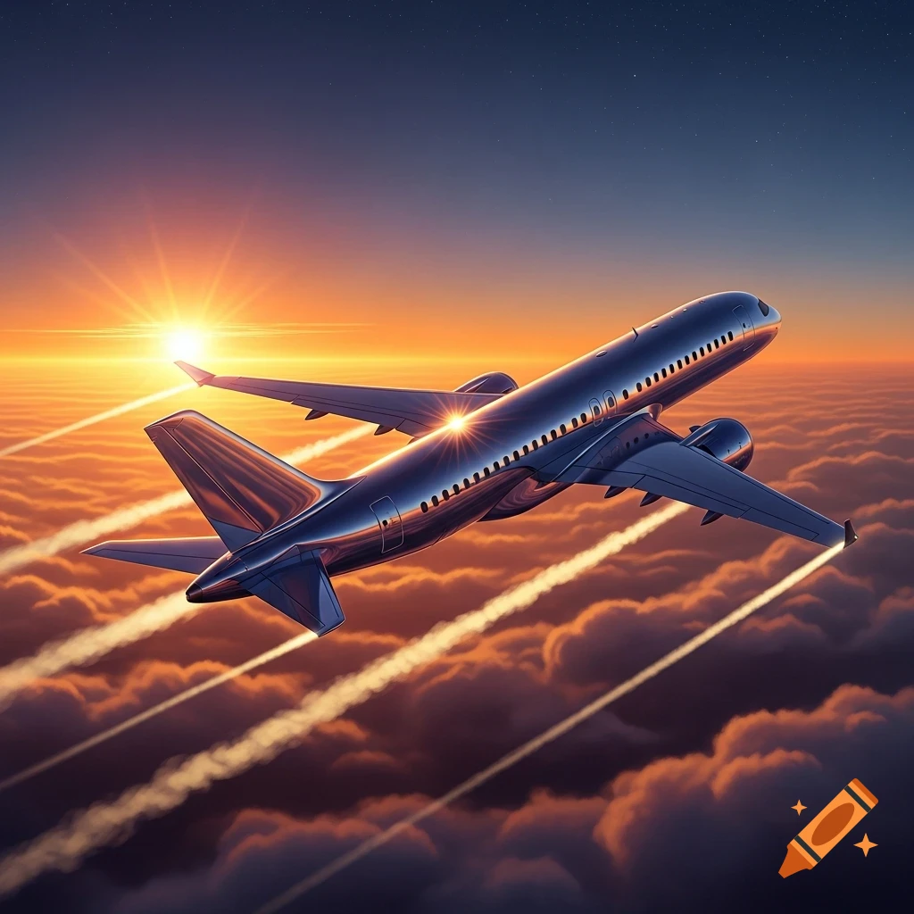 A metallic airplane soars above orange-lit clouds during a sunset, leaving white contrails across the deep blue sky.