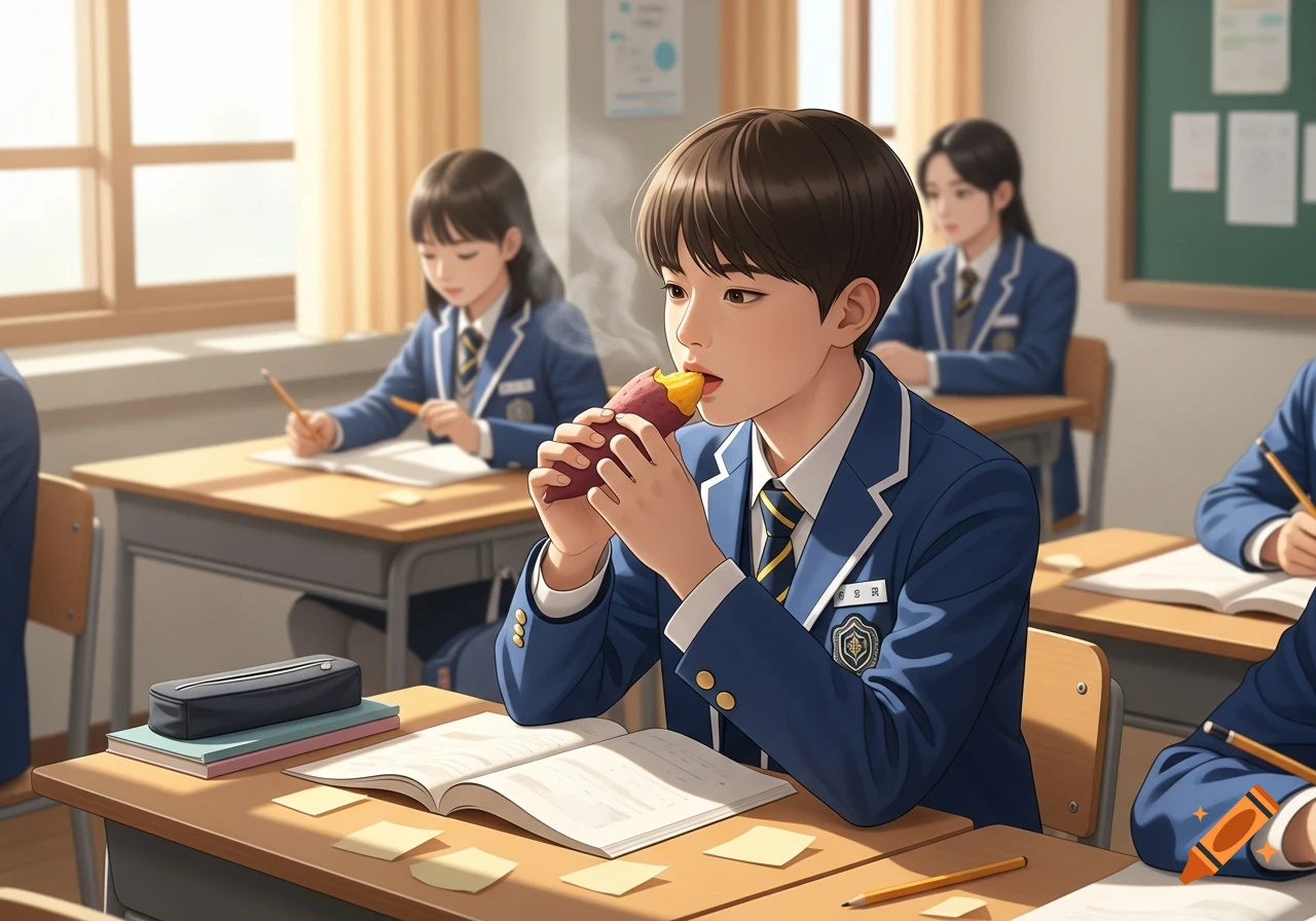 An anime-style male student in a blue uniform eats a steaming sweet potato at his desk in a classroom, with other students in the background.