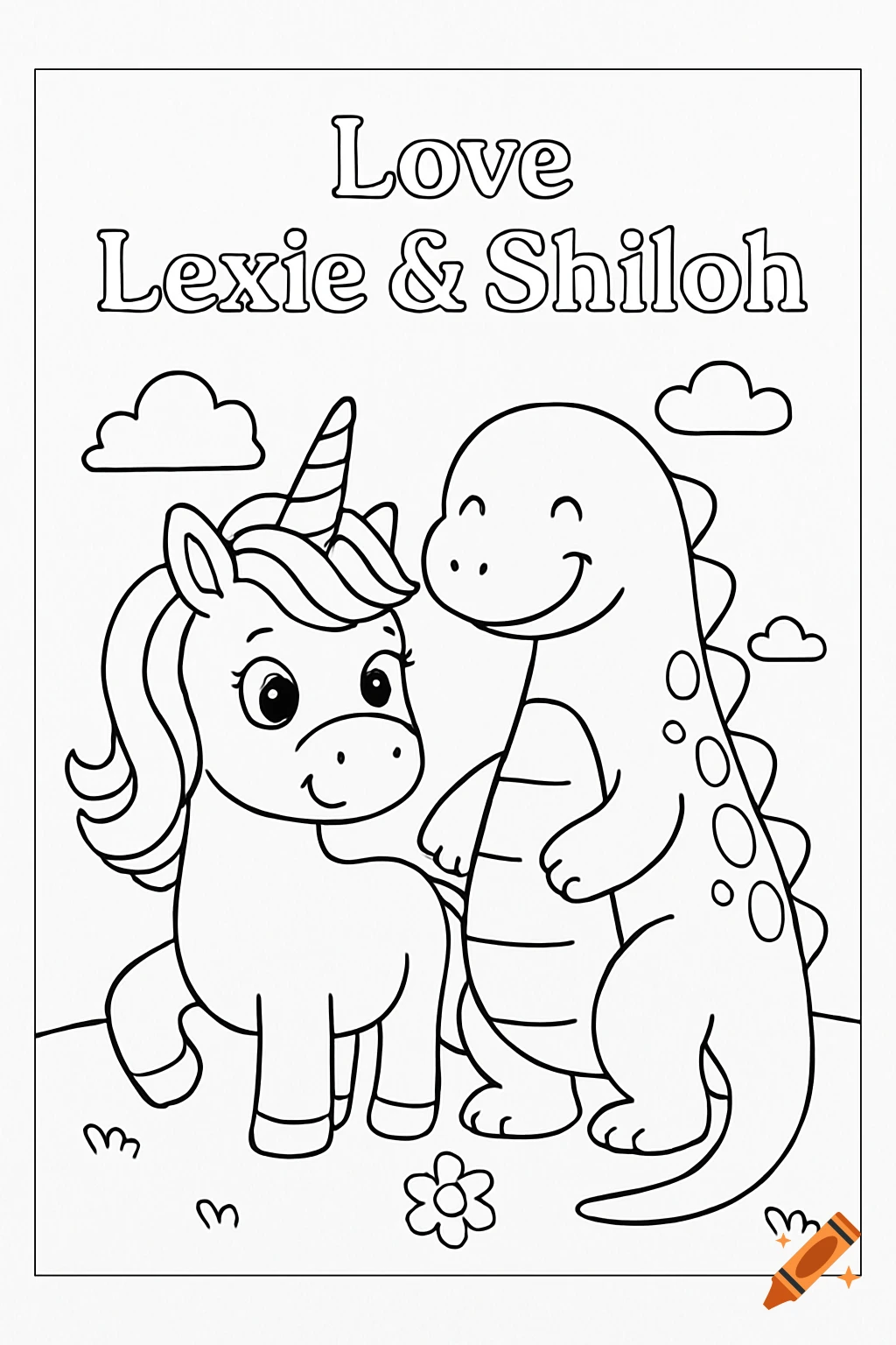 A black and white coloring page featuring a cute unicorn and dinosaur, with text "Love Lexie & Shiloh" at the top.