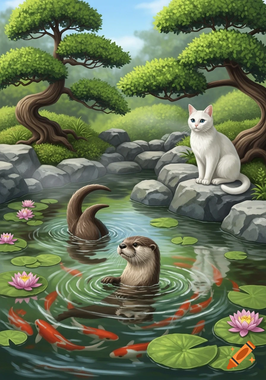 A white cat sits on rocks beside a Japanese garden pond with an otter, koi fish, and water lilies.