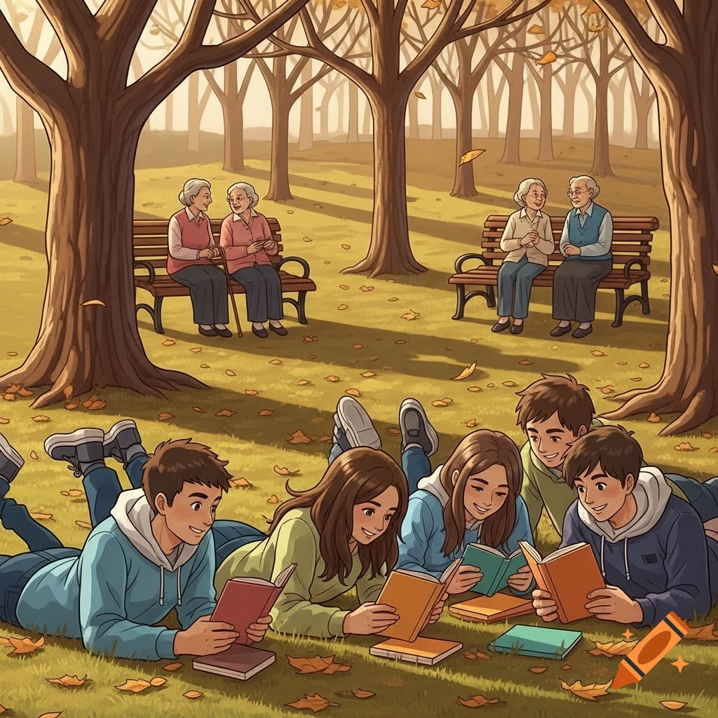 An illustration of young people reading books on the grass in an autumn park, while elderly couples sit on benches in the background.
