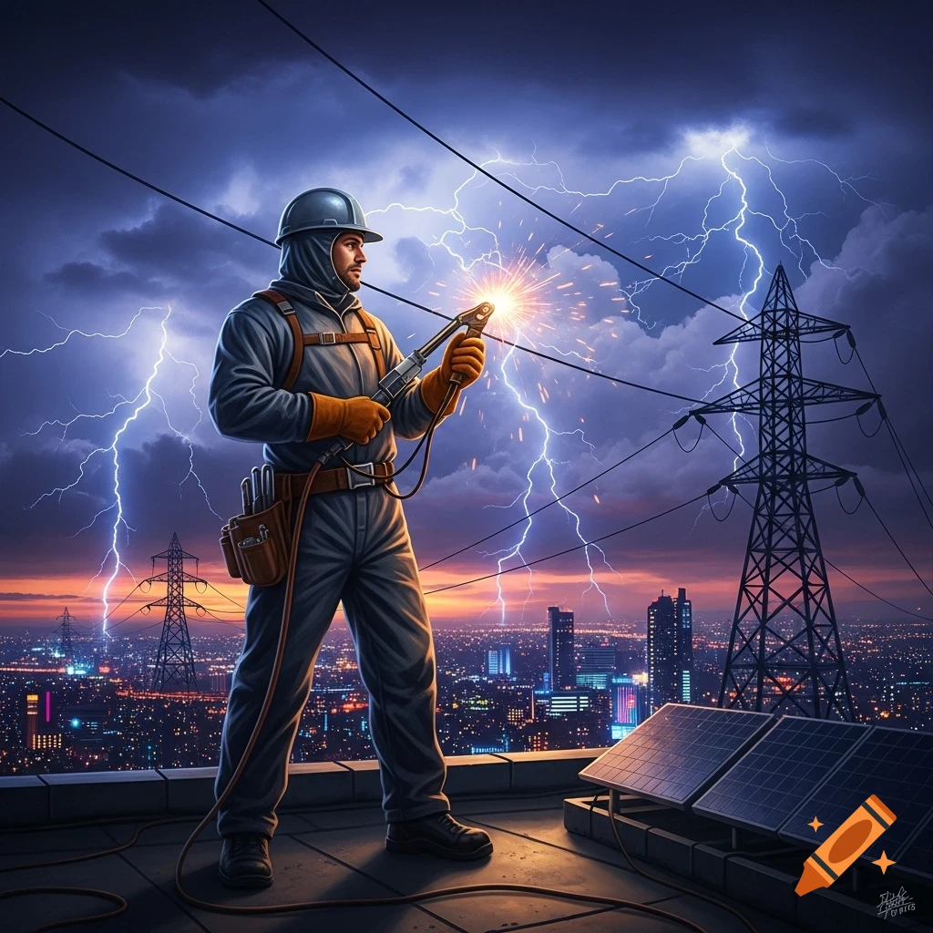 An electrician welds on a rooftop overlooking a city skyline during a dramatic lightning storm.