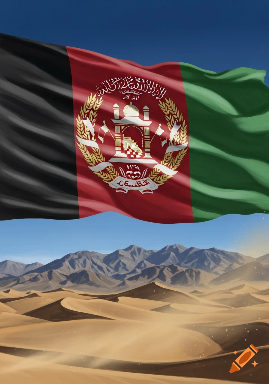 Waving flag of Afghanistan over a vast desert landscape with mountains in the background, in an illustrative style.