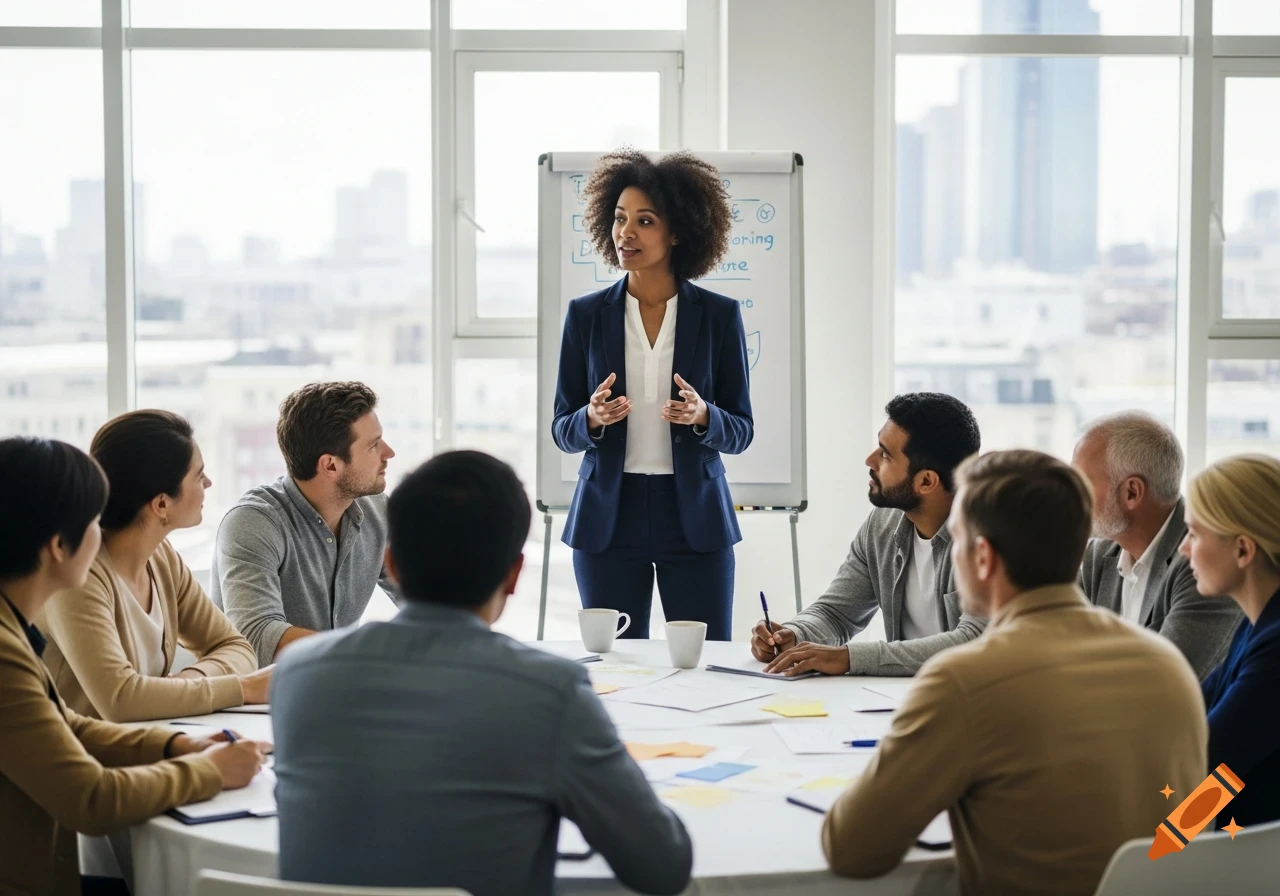 A diverse group of professionals sits around a table while a woman with curly hair presents in front of a whiteboard in a bright, modern office.