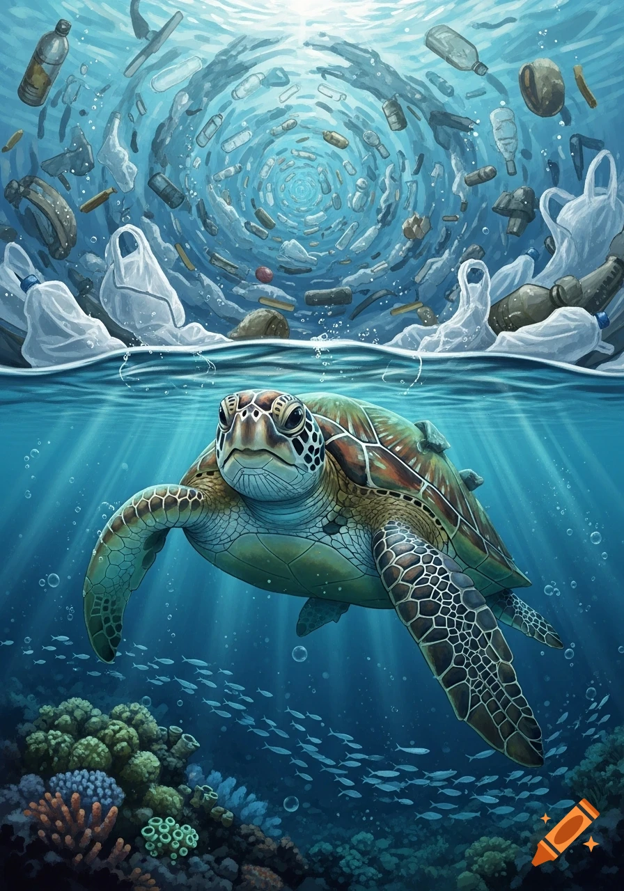 Illustrated sea turtle swims above coral, below a swirling vortex of plastic pollution in the ocean.