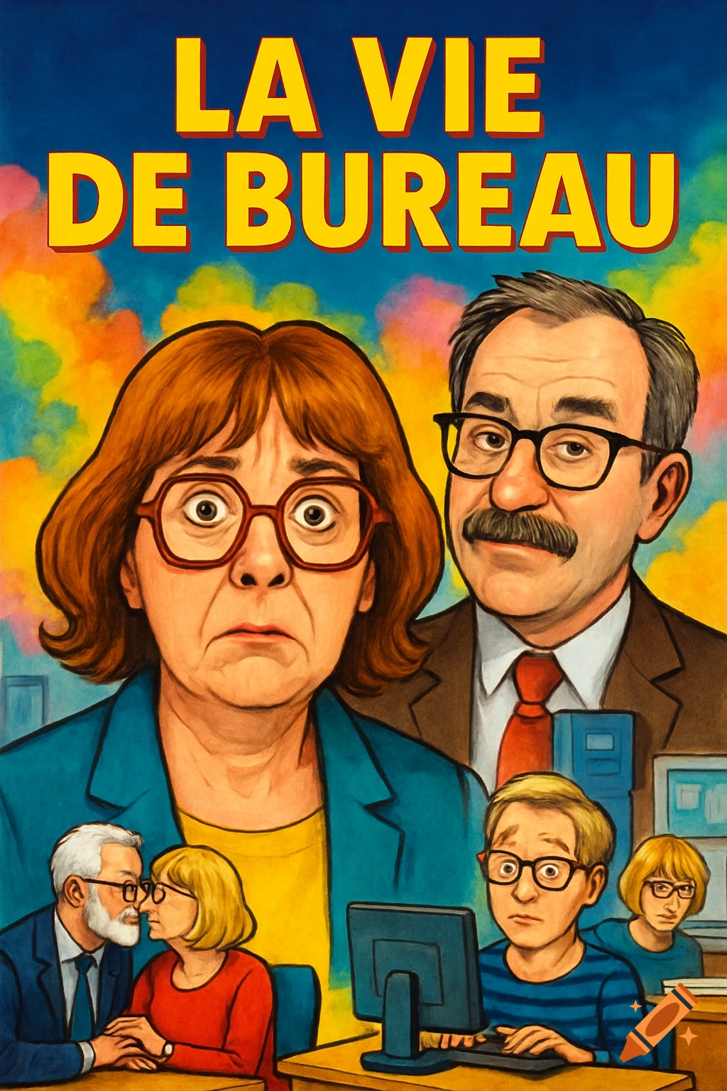A cartoon-style poster for 'LA VIE DE BUREAU' shows a wide-eyed woman, a mustachioed man, and smaller office workers in a colorful, comedic scene.