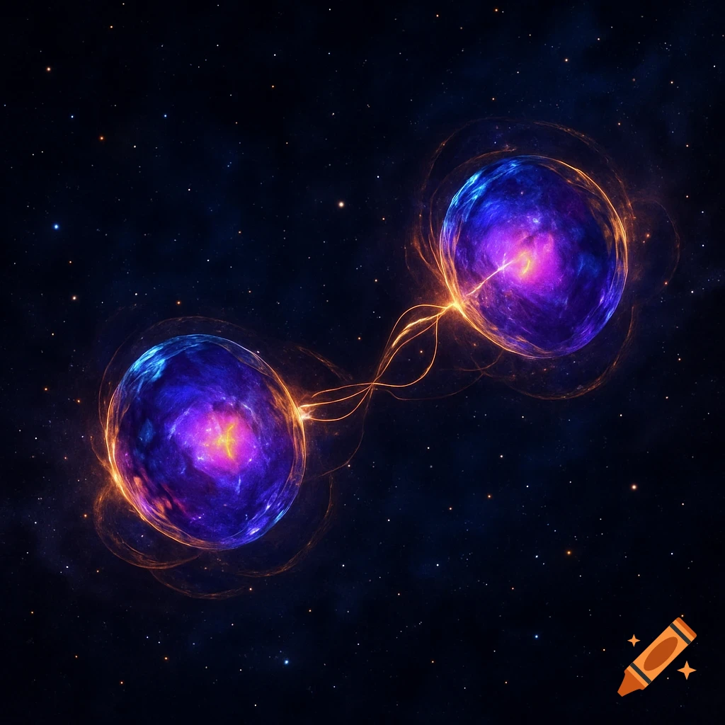 Two glowing blue and purple orbs connected by golden energy tendrils float in a dark, star-filled cosmic background.
