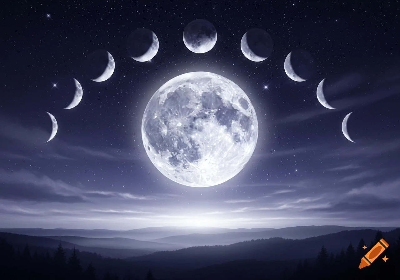 A large, luminous full moon centered above a misty mountain landscape, surrounded by an arc of crescent and gibbous moon phases in a starry night sky.