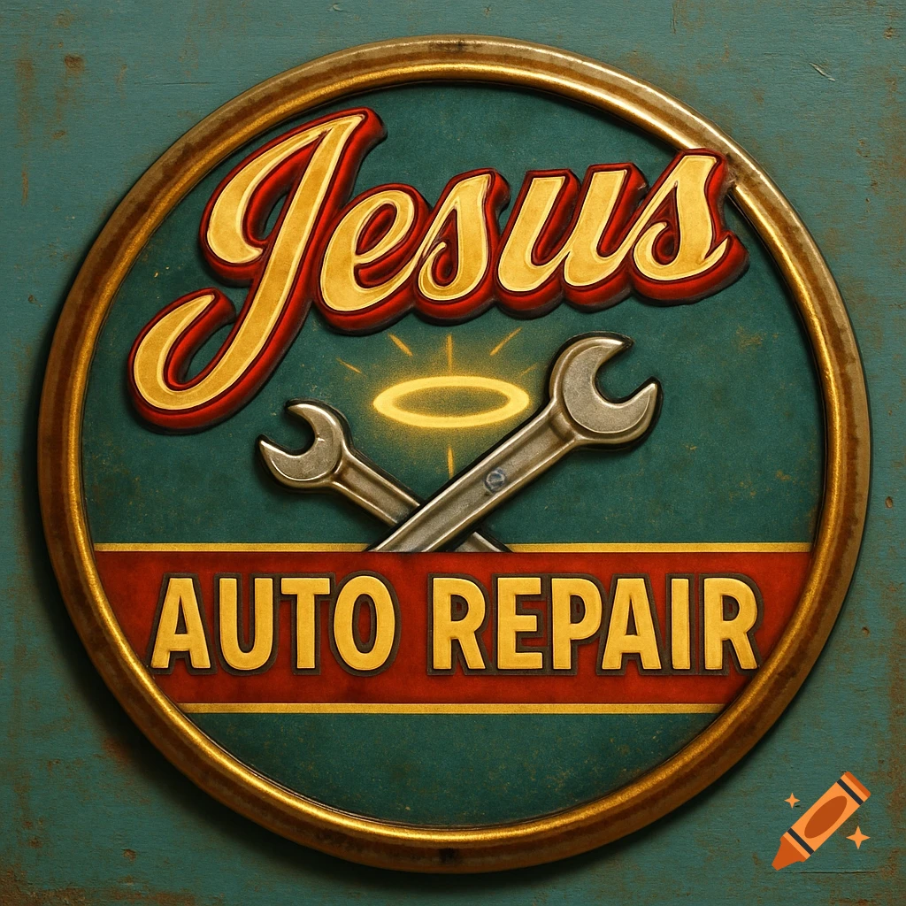 A vintage-style circular wall sign for "Jesus Auto Repair" featuring a golden halo over crossed wrenches against a teal background.