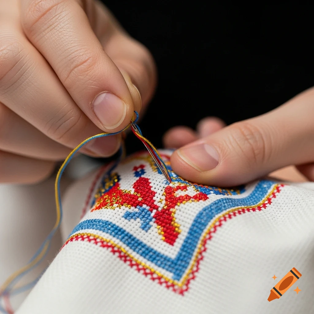 Close-up of hands doing cross-stitch embroidery with colorful threads on white fabric.