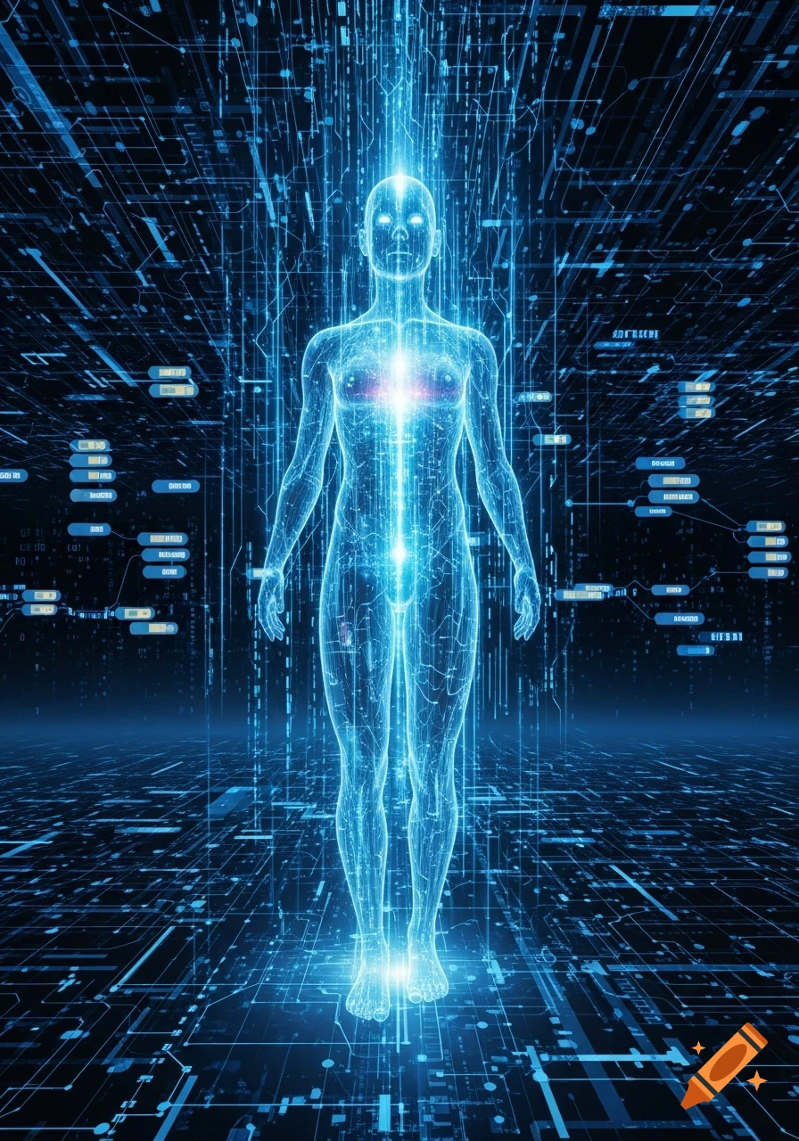 Glowing translucent human body figure stands amidst blue data streams and circuit board patterns in a futuristic digital art style.