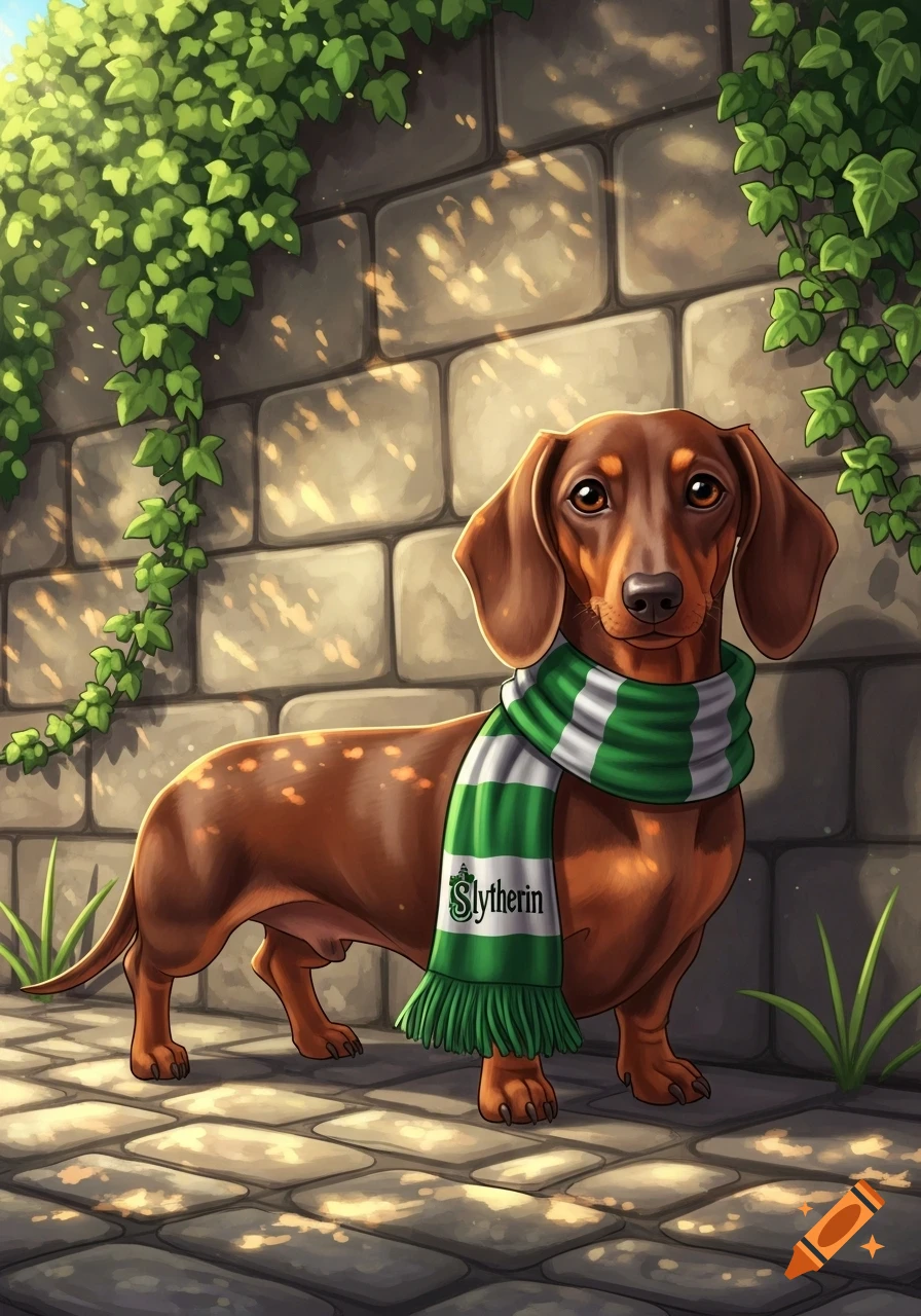 A cute brown dachshund wearing a green and white Slytherin scarf, standing on a stone path by an ivy-covered wall in a stylized illustration.