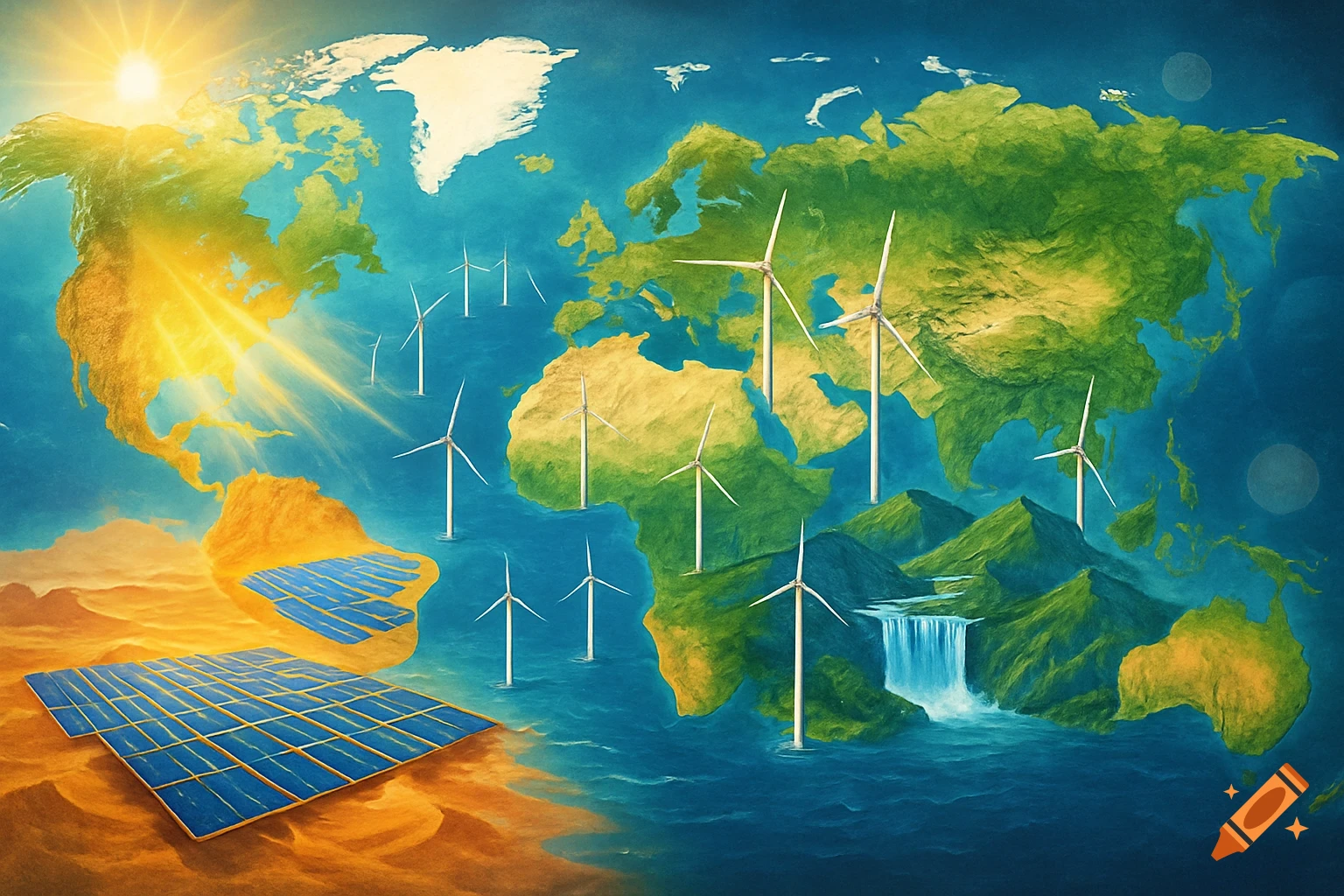 A colorful, textured world map showing continents with solar panels, wind turbines in oceans, and a waterfall, symbolizing renewable energy.