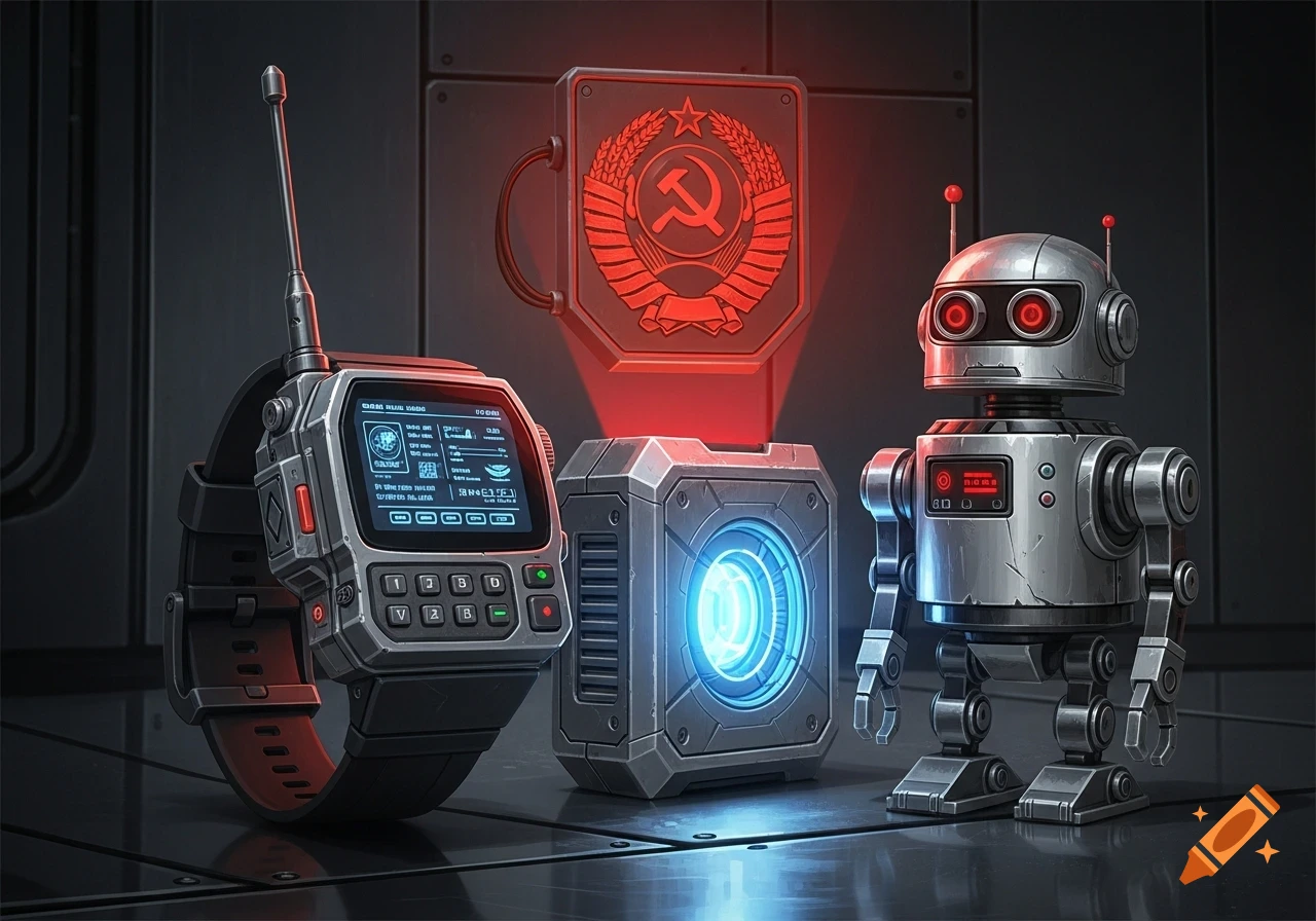 Retro-futuristic Soviet gadgets: a wrist communicator, energy core, and mini-robot next to a holographic Soviet badge on a dark metallic background.