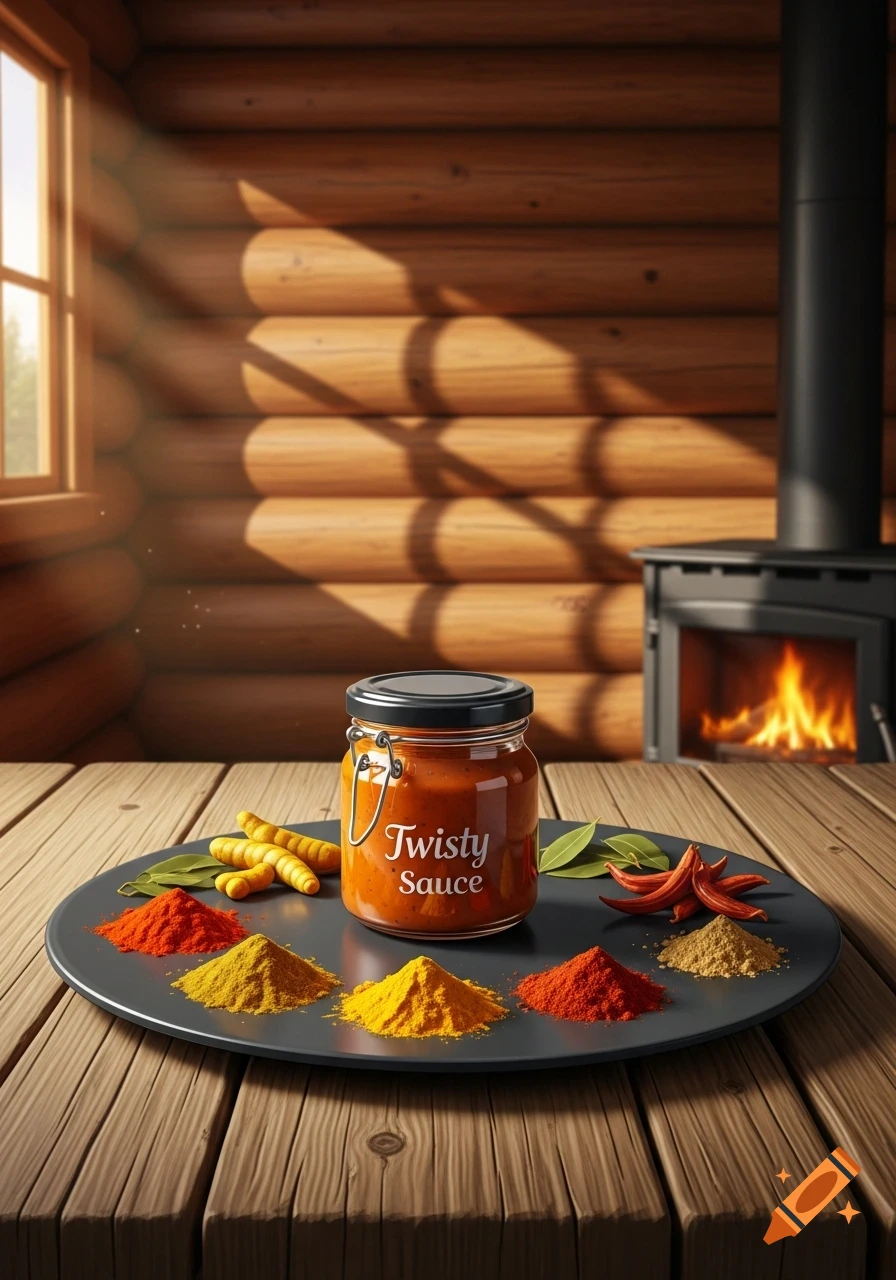 A jar of 'Twisty Sauce' and colorful spices on a slate plate on a rustic wooden table in a log cabin with a fireplace.