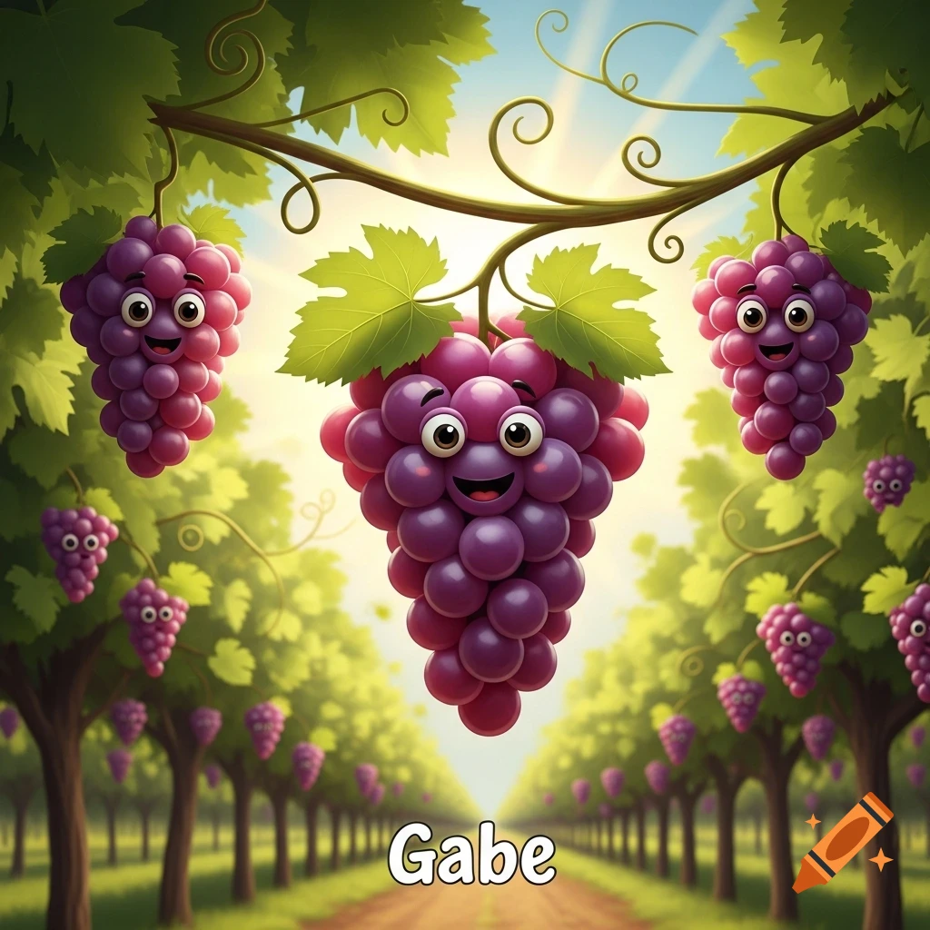 Cartoon happy-faced grapes hanging in a sunny vineyard, with the name "Gabe" written below.