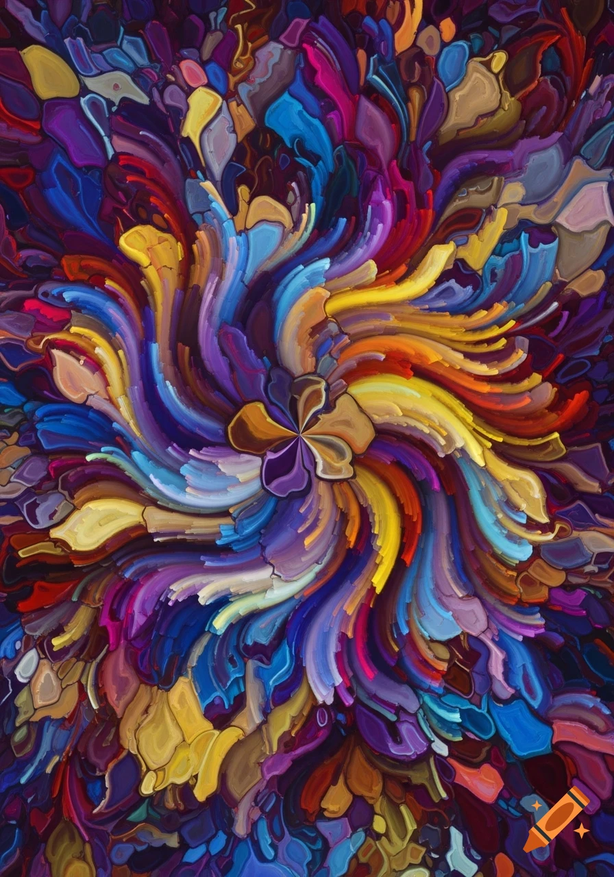 Vibrant abstract artwork with a swirling, petal-like pattern in rich blues, purples, yellows, and oranges.