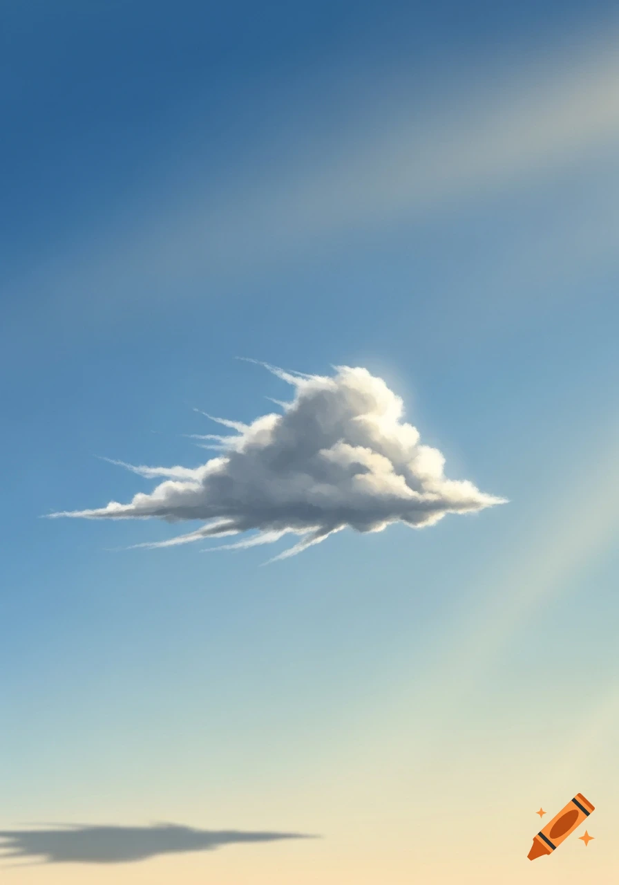 A stylized white and grey cloud with wispy edges floats alone in a clear blue sky, casting a shadow below.