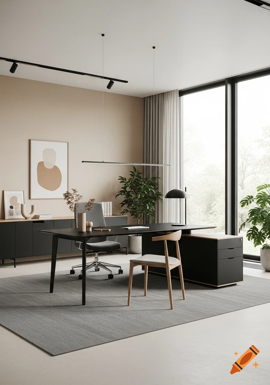 A modern office with a black desk, grey and wooden chairs, a large window, and indoor plants, set against a sand-colored wall.