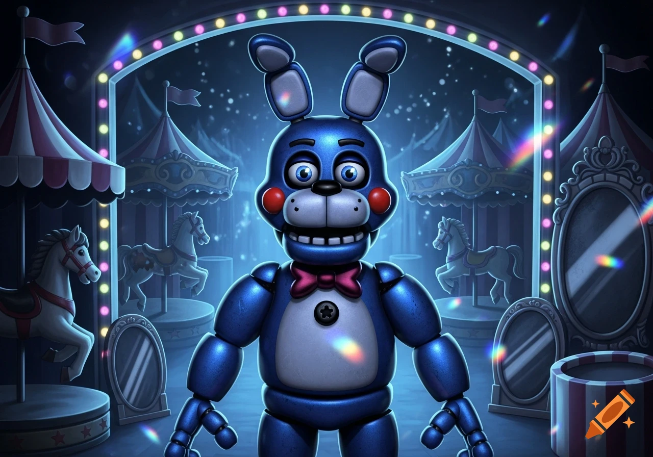 A blue animatronic rabbit with a red bow tie stands in a dark, glowing carnival with carousels and tents.