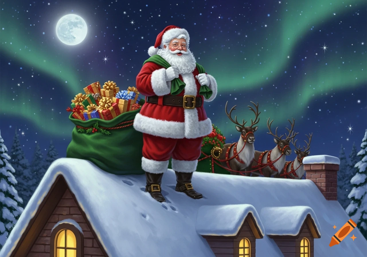 Santa Claus stands on a snow-covered rooftop with a bag of gifts and reindeer under a moonlit sky with aurora borealis.