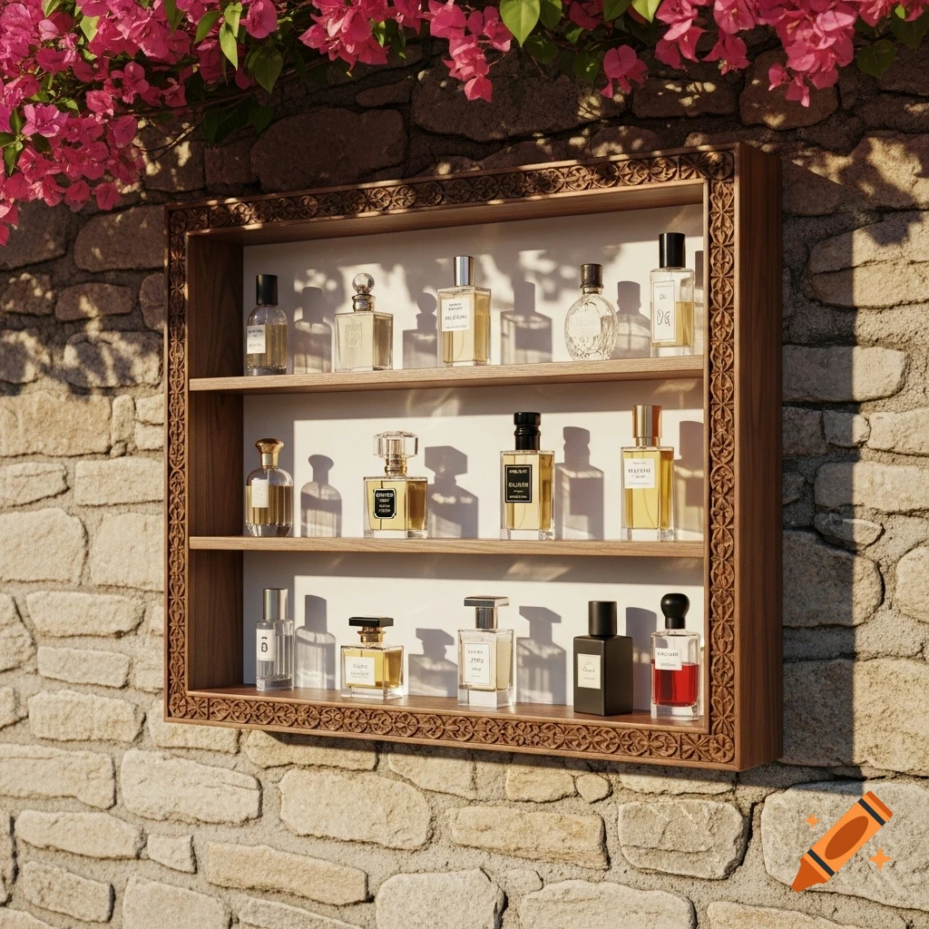 A wooden shelf displaying various perfume bottles against a stone wall with pink flowers, photorealistic.