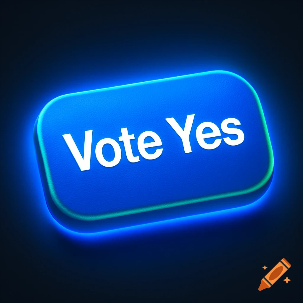 A blue glowing button with white text that reads 'Vote Yes' on a dark background.