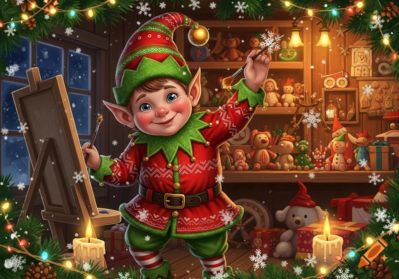 A cheerful Christmas elf in a festive workshop paints a snowflake, surrounded by toys and twinkling lights.