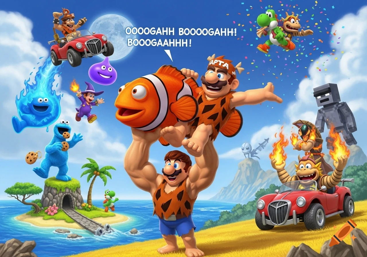 A colorful cartoon mashup of characters including Mario as Captain Caveman lifting a clown fish, Cookie Monster, Yoshi, a Minecraft skeleton, and other fantastical beings in a vibrant island setting. Text in a speech bubble says 'OOOOGAHH BOOOGAHH! BOOOGAHHH!'