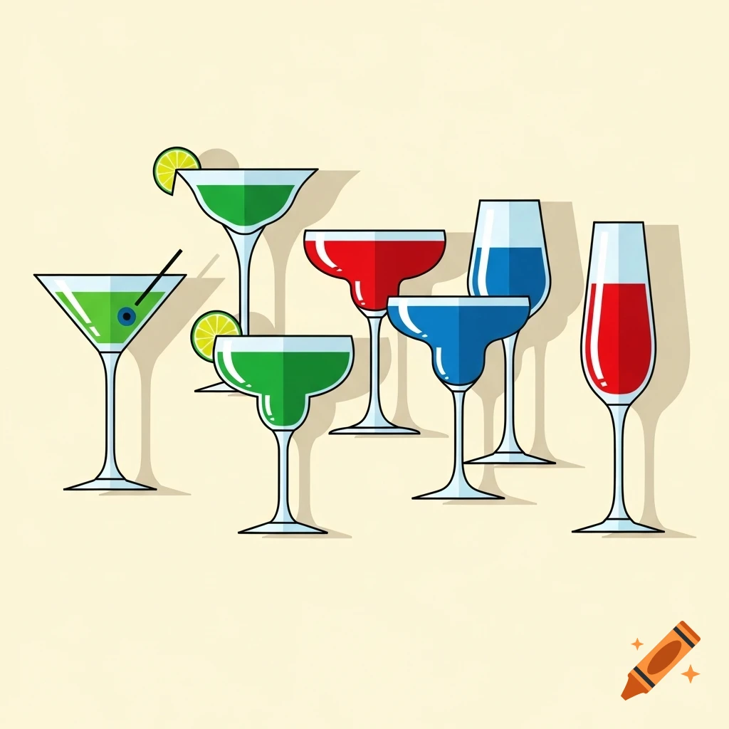 An illustration of six stylized cocktail glasses filled with green, red, and blue drinks, some garnished with lime slices.