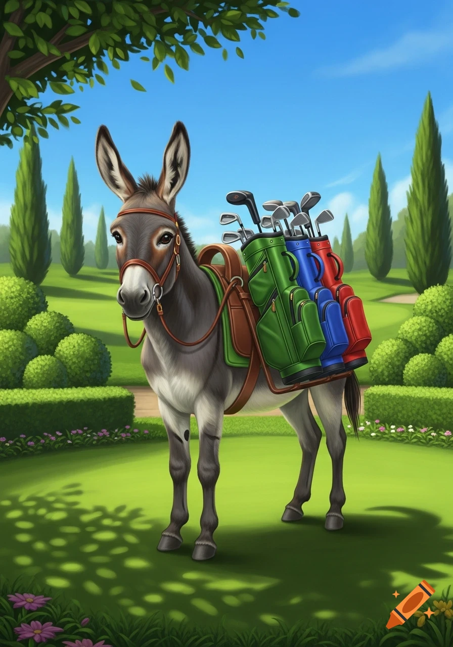 A cartoon donkey stands on a sunny golf course, carrying green, blue, and red golf bags on its back.
