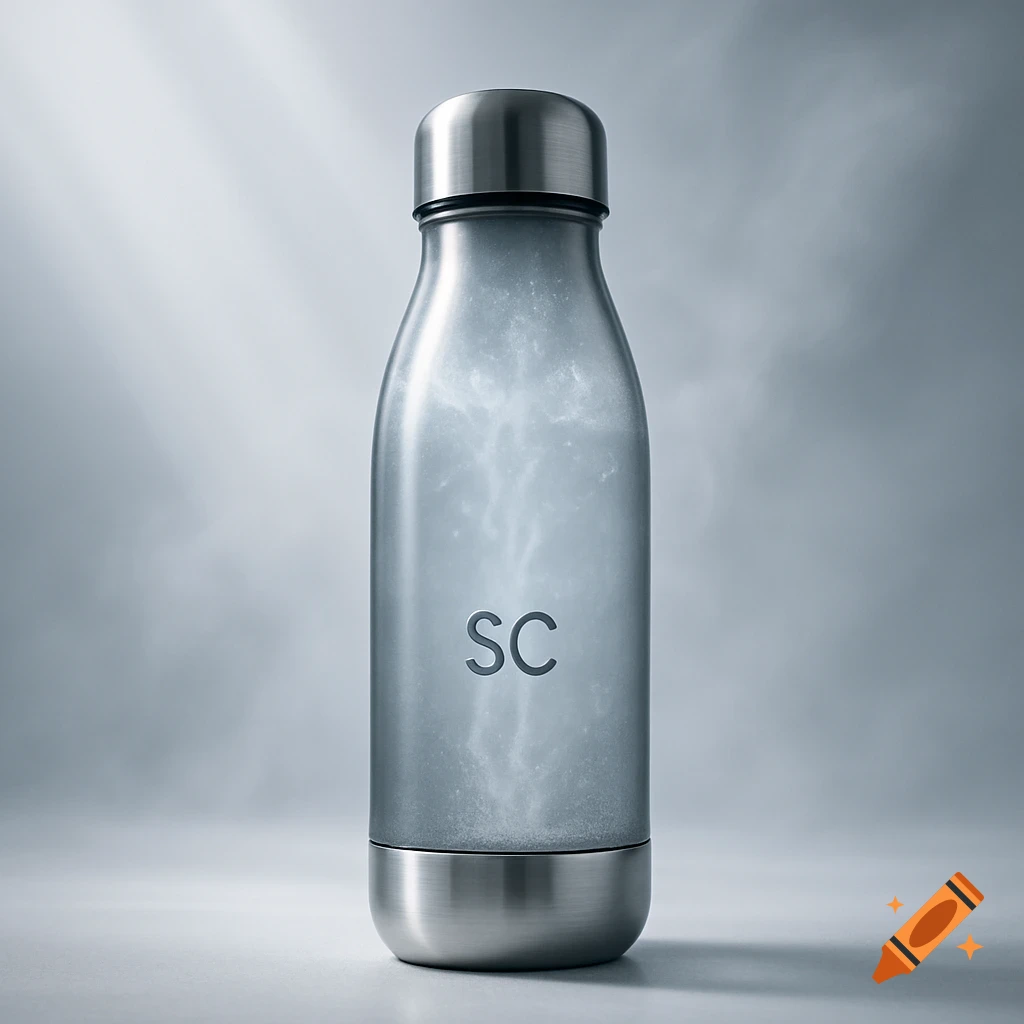 A clear and stainless steel self-cleaning water bottle with a silver 'SC' logo on a light gray background.
