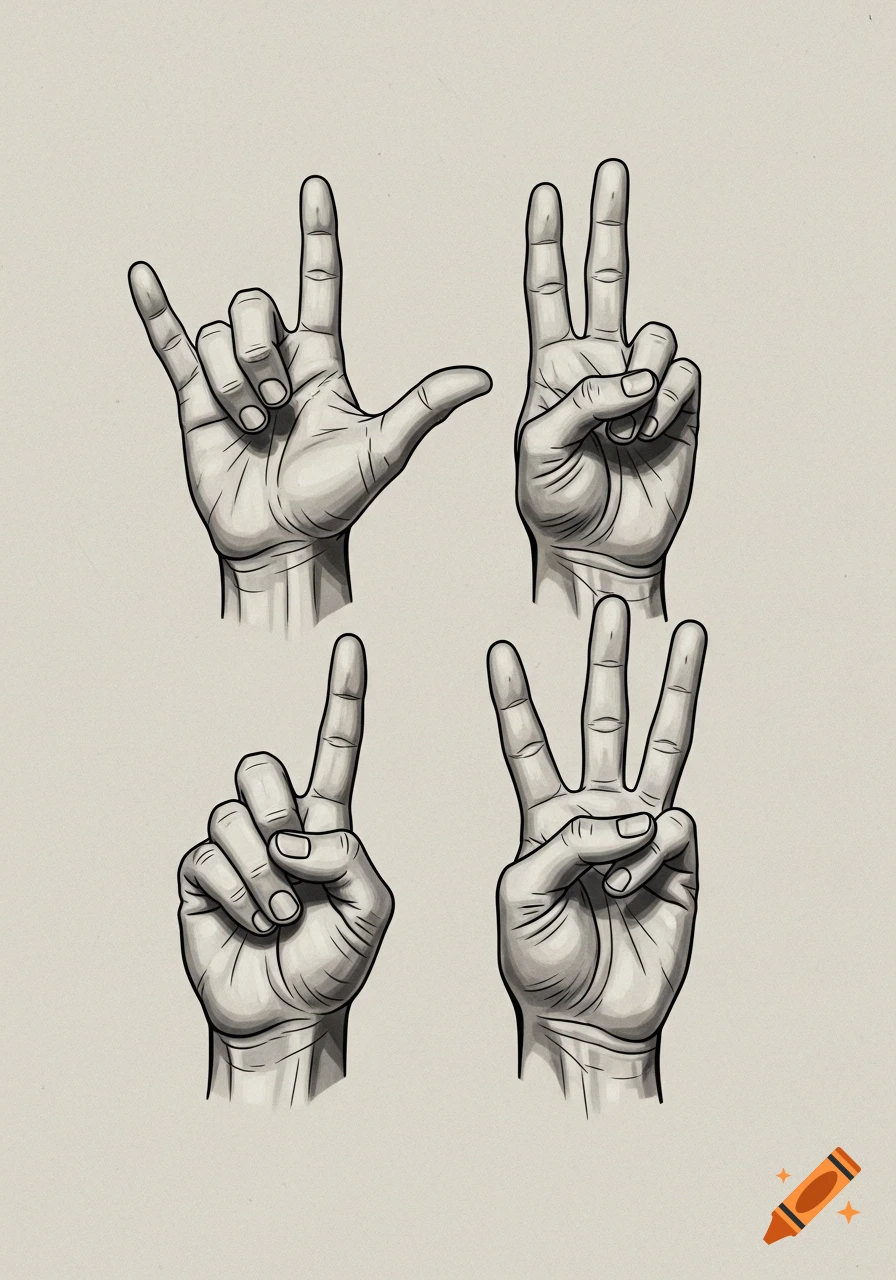 An illustration showing four different hand gestures against a light background: 'I love you' sign, peace sign, one finger up, and three fingers up.