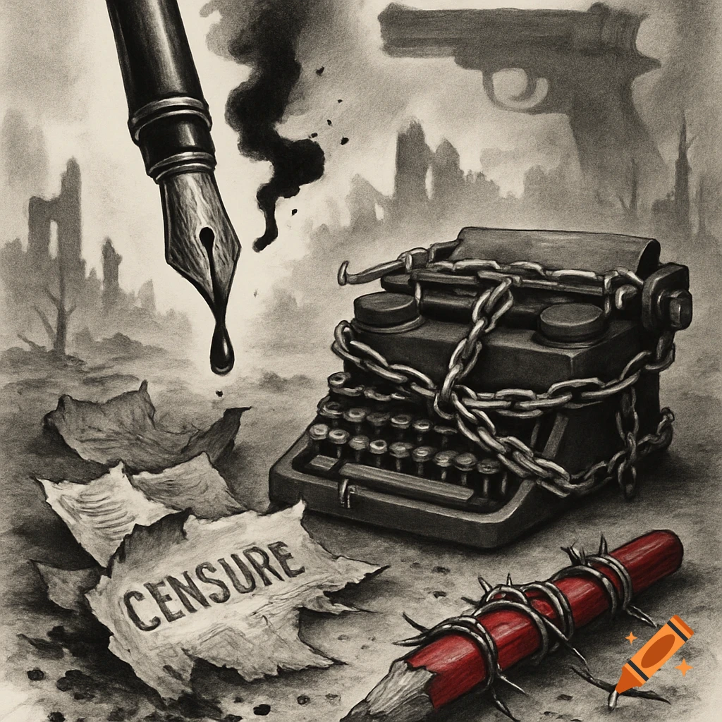 A grayscale illustration depicting a chained typewriter, a fountain pen, torn papers with 'CENSURE', a barbed-wire pencil, a pistol, and ruins in the background.