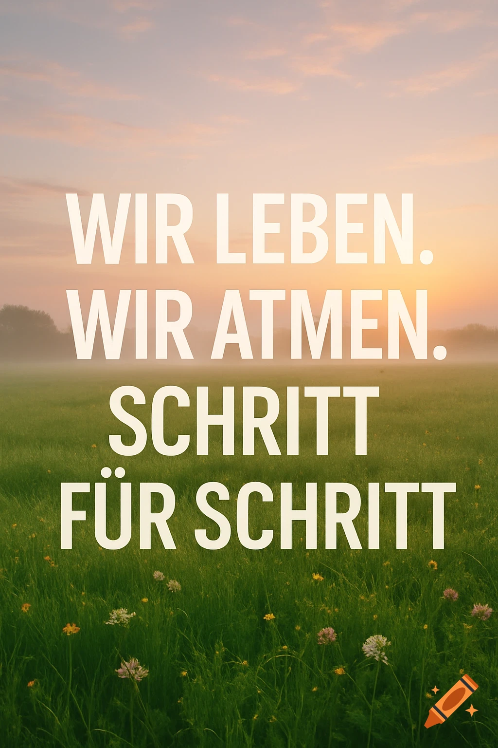 Photorealistic image of a grassy field at sunrise with the German text "WIR LEBEN. WIR ATMEN. SCHRITT FÜR SCHRITT" (We live. We breathe. Step by step).