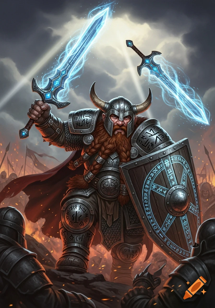 A battle-hardened dwarven warrior in ornate armor, with a braided beard, holding a glowing blue sword and shield, with a second magic sword floating nearby, amidst a battle.