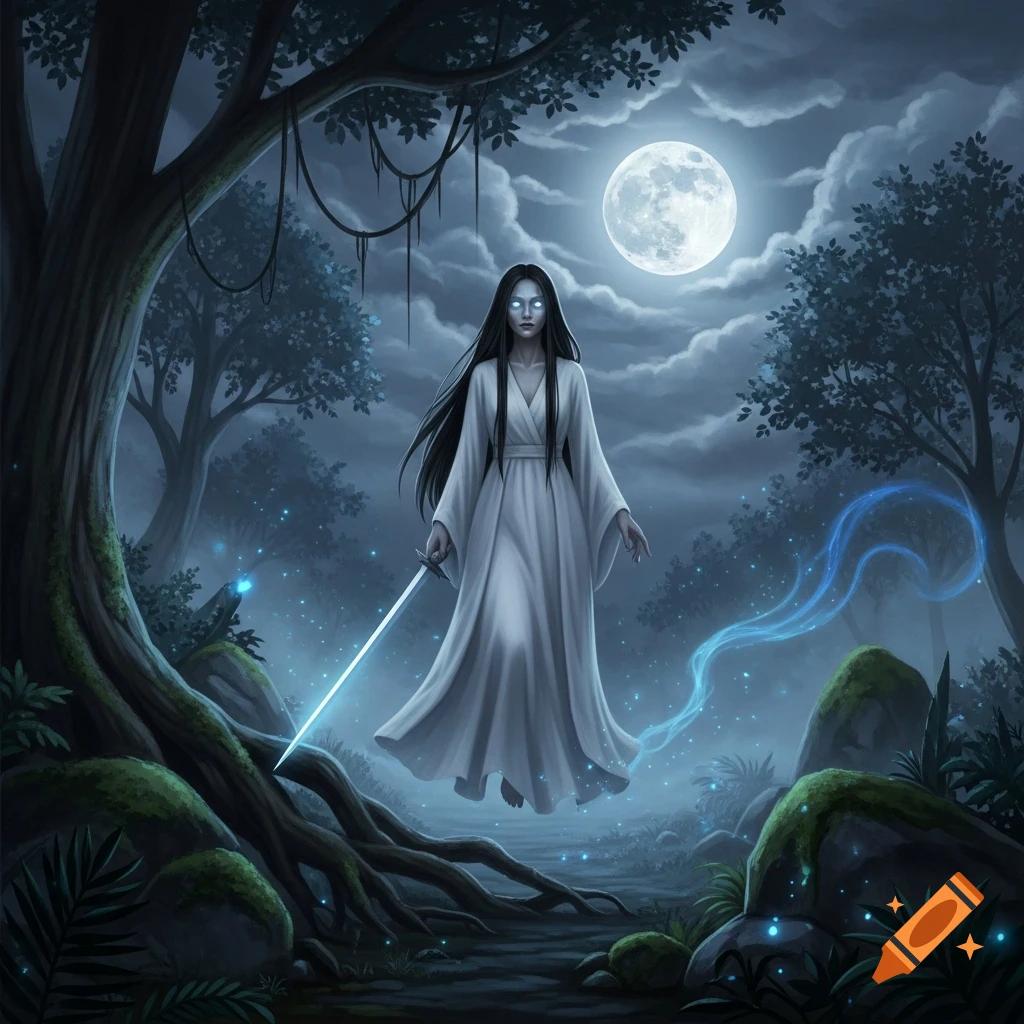A pale ghost-like woman in a white gown floats in a dark, misty forest, holding a glowing sword under a full moon. Digital art.