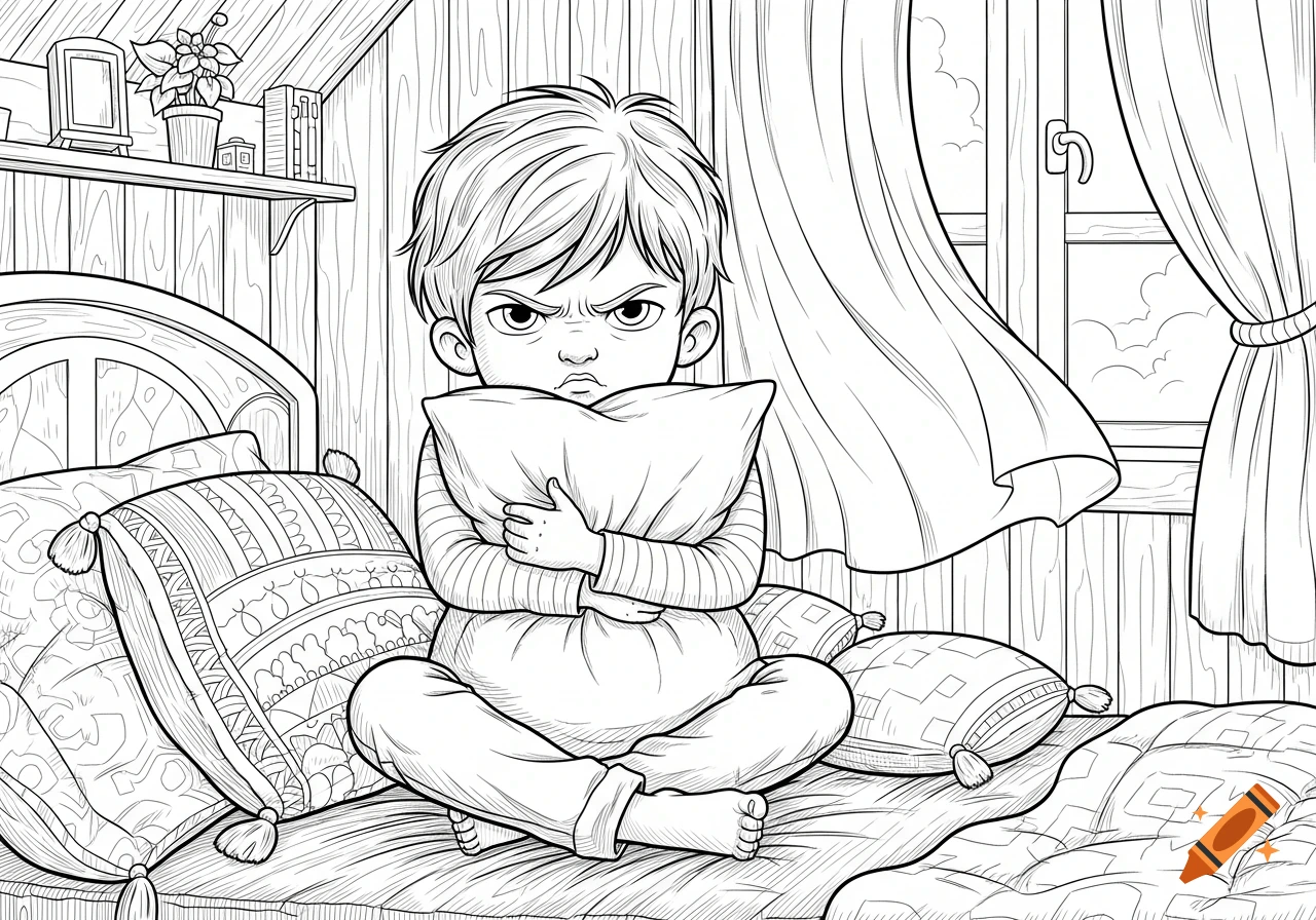 Line art of an angry boy with furrowed brows, sitting cross-legged on a bed and hugging a pillow.