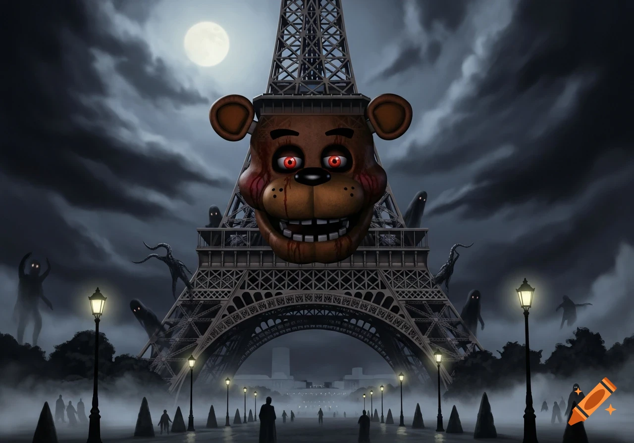 Menacing Freddy Fazbear head with red eyes and blood on the Eiffel Tower at night, surrounded by spooky figures and fog in a horror style.