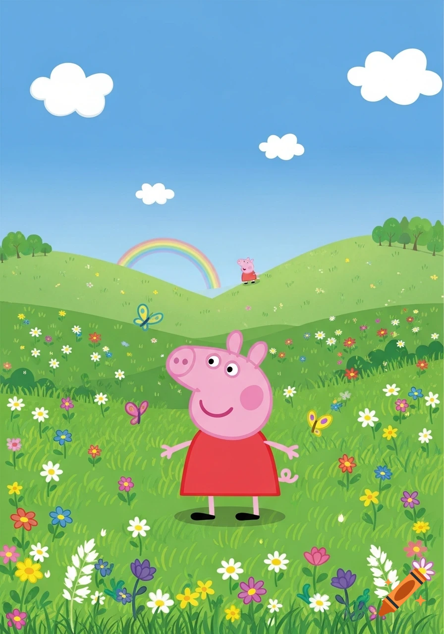 Peppa Pig stands smiling in a vibrant green field filled with colorful flowers and butterflies, under a blue sky with white clouds and a distant rainbow.