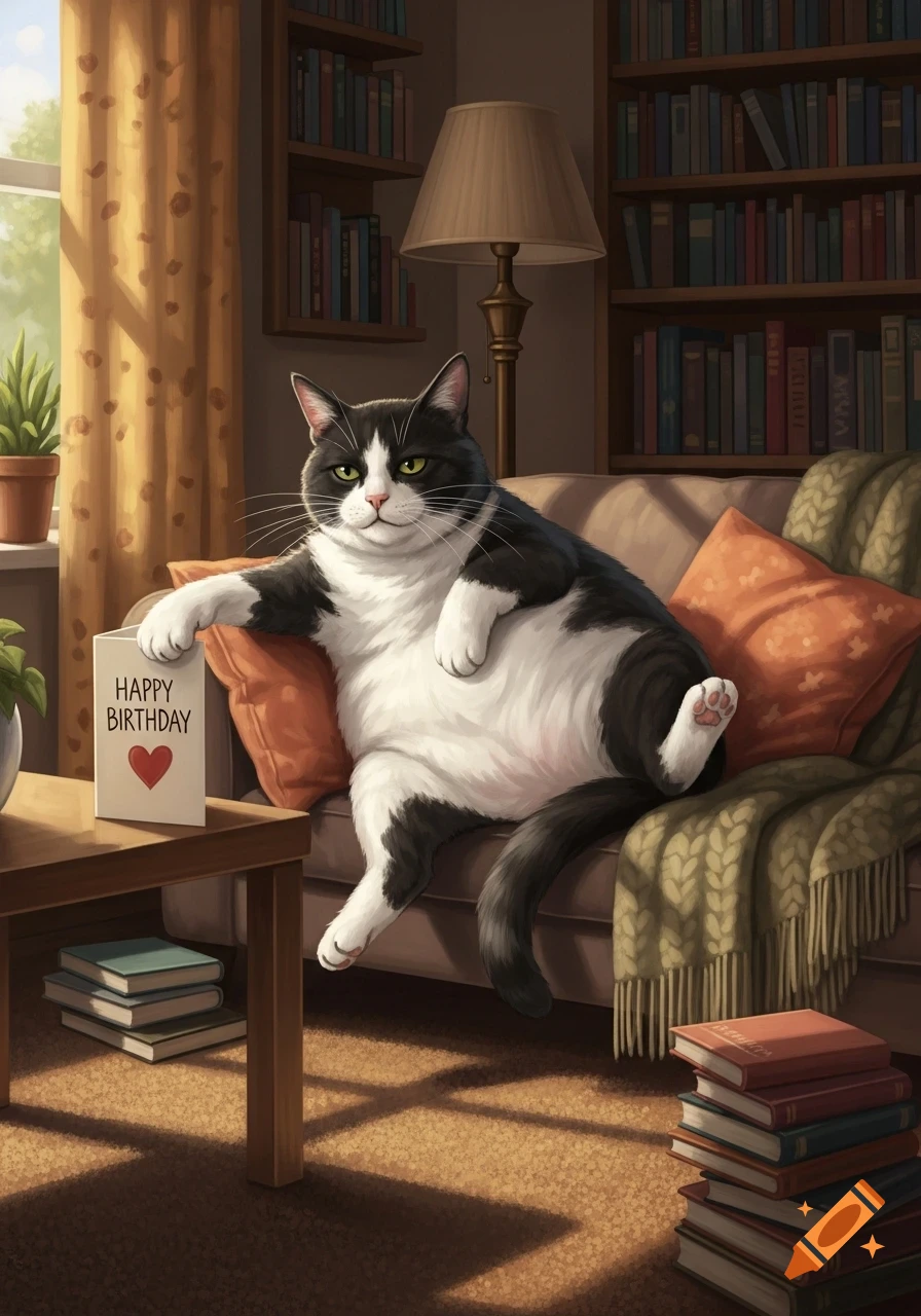 A black and white cat sits on a sofa, its paw resting on a table with a "HAPPY BIRTHDAY" card, in a cozy living room.