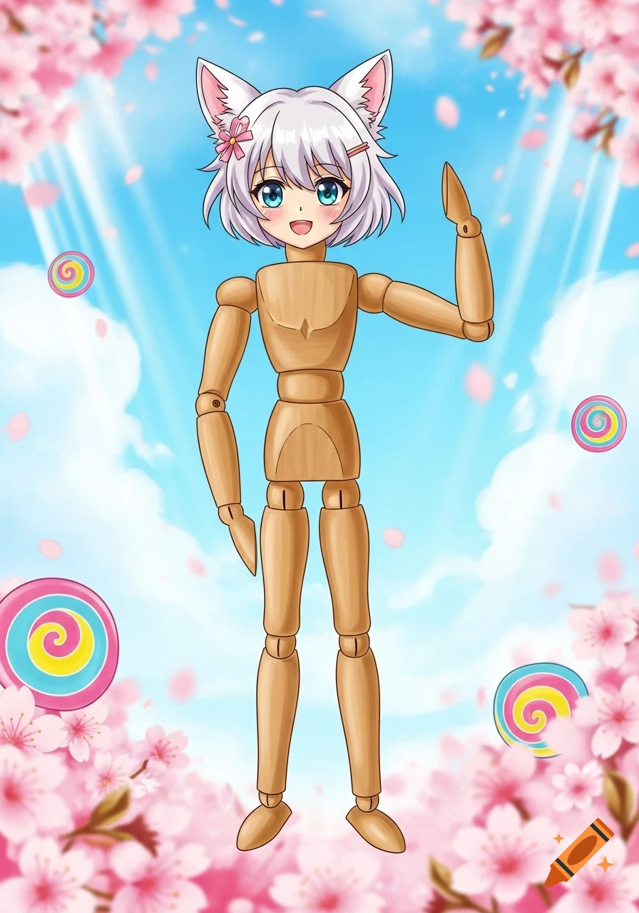 An anime-style head with white hair and cat ears on a wooden mannequin body, raising a hand amidst cherry blossoms and lollipops under a blue sky.