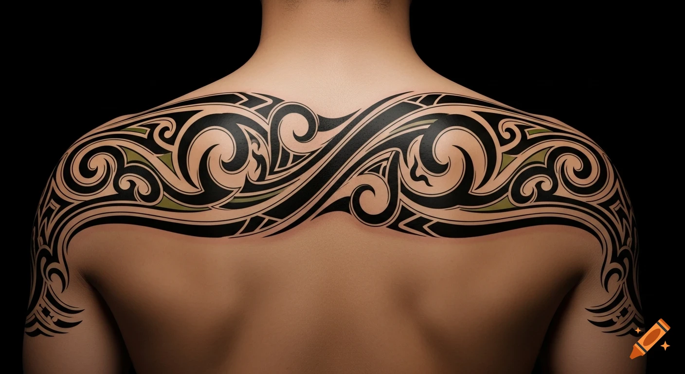 Intricate black and green tribal tattoo covering a person's upper back and shoulders.