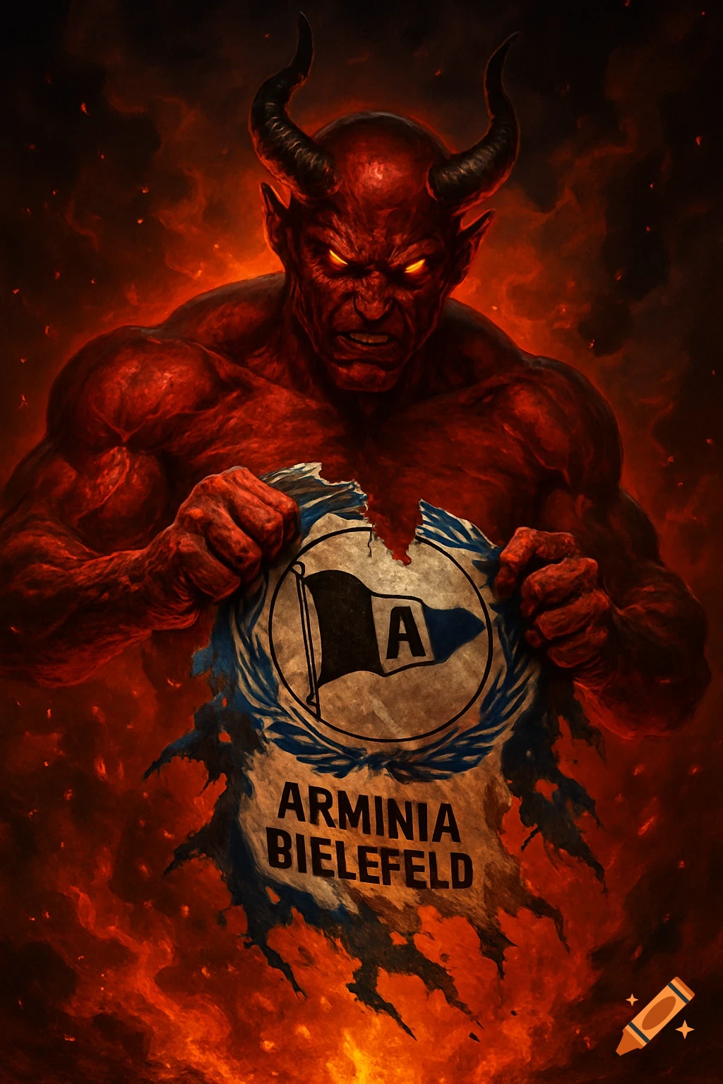 A muscular red devil with glowing eyes tears a flag with the 'Arminia Bielefeld' logo, surrounded by fire, in a digital painting style.