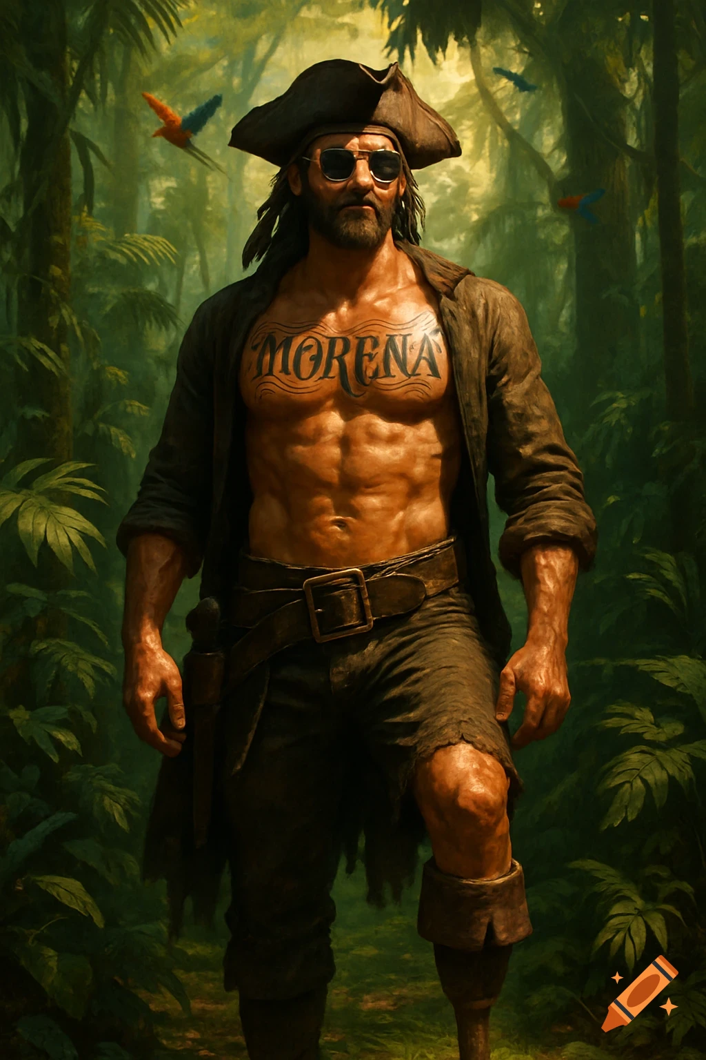 A shirtless pirate with a beard, aviator sunglasses, a 'MORENA' chest tattoo, and a pegleg, standing in a lush jungle.