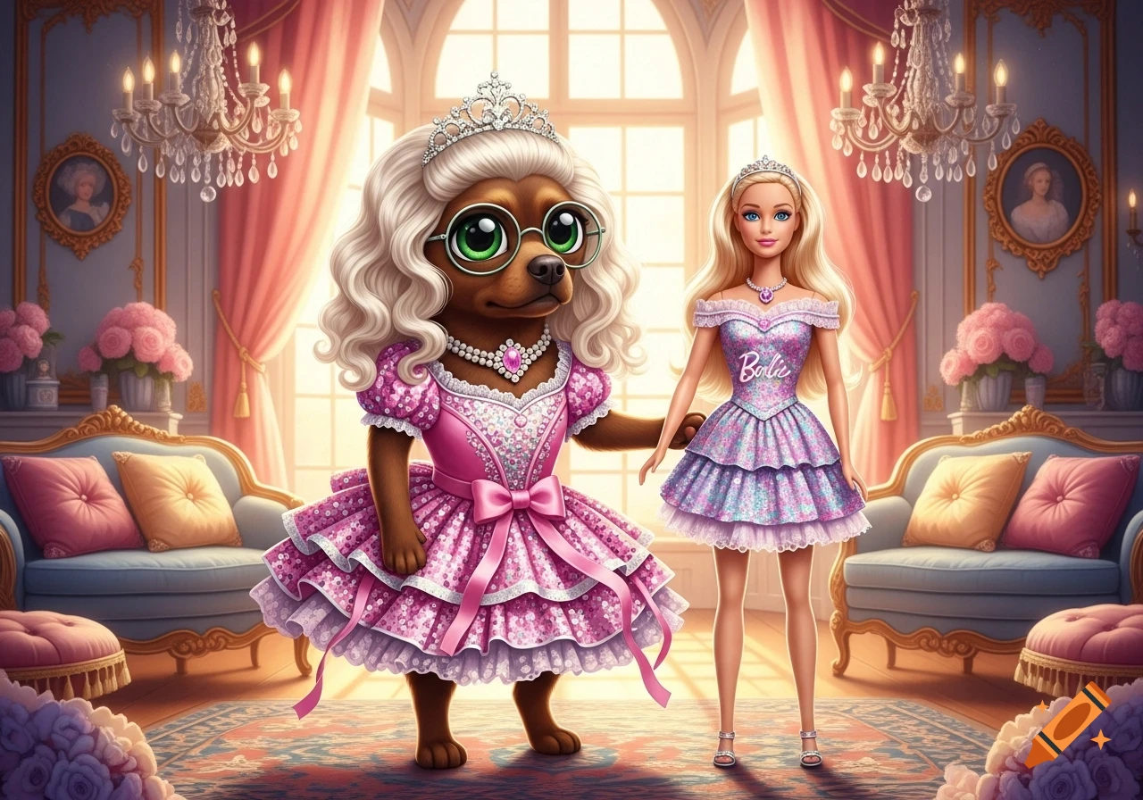 A brown dog with a blonde wig and pink sequin dress stands next to a Barbie doll in a luxurious pink room with chandeliers.