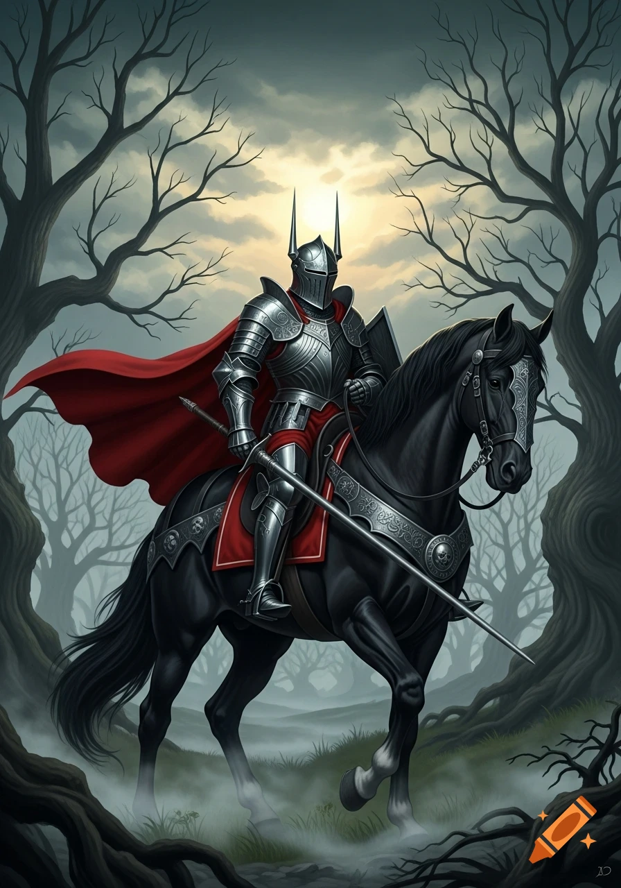 A gothic knight in shining armor and red cape rides a black horse through a misty, dark forest with bare trees.