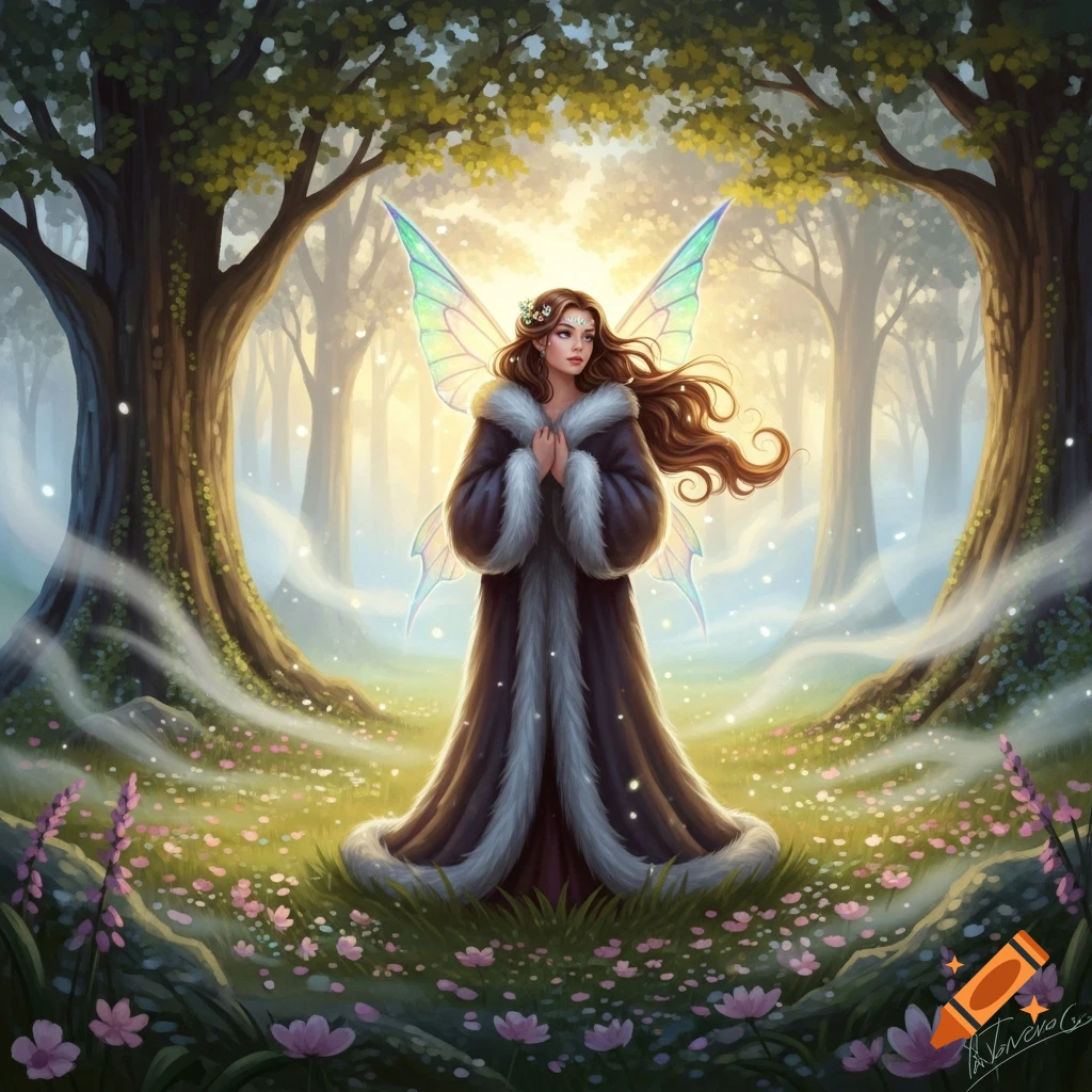 A fantasy illustration of a fairy with long brown hair, iridescent wings, and a fur-lined coat standing in an enchanting forest with glowing light and flowers.