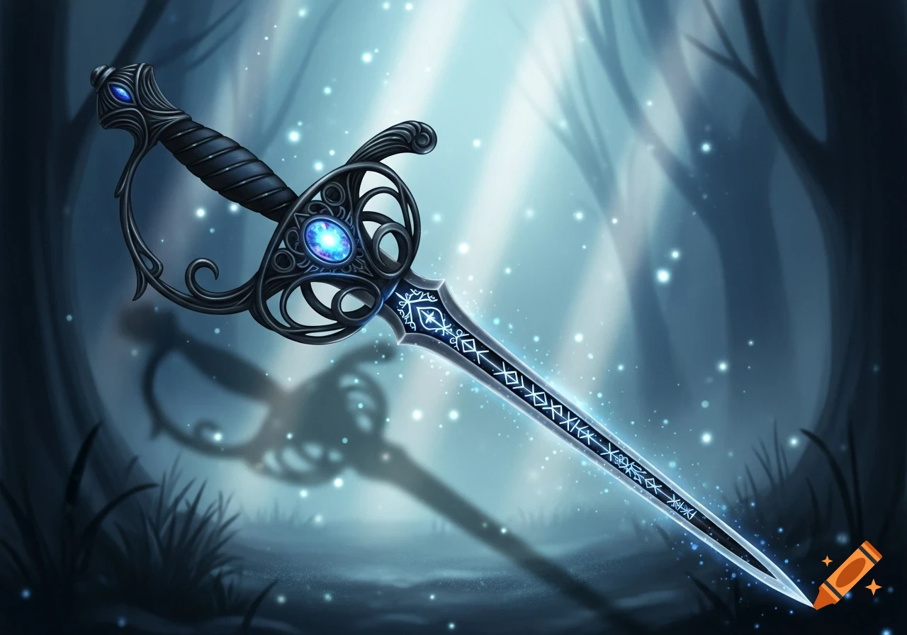 A detailed dark magical glowing rapier with glowing rune-like patterns and an ornate hilt, set against a mystical forest background with sparkling lights.