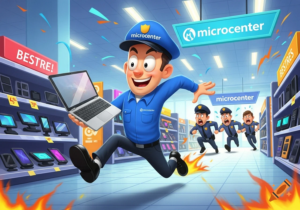 A cartoon man in a blue uniform runs through an electronics store, holding a laptop, pursued by three police officers.